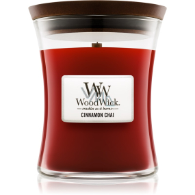 WoodWick Cinnamon Chai - Skořice a vanilka vonná svíčka s dřevěným knotem a víčkem sklo malá 85 g