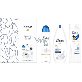 Dove Beauty For All Deeply Nourishing sprchový gel 250 ml + Rich Care tělové mléko 250 ml + Original antiperspirant sprej 150 ml, kosmetická sada