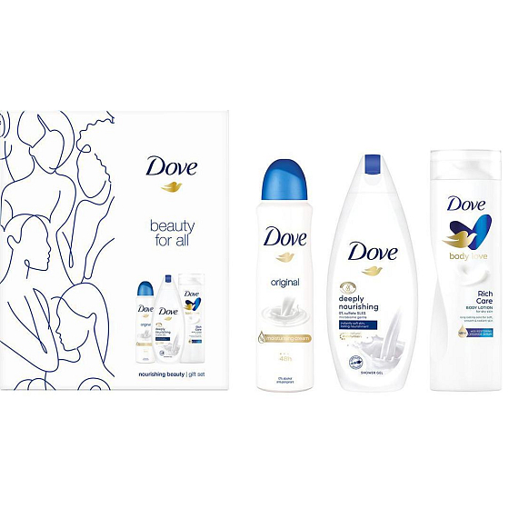 Dove Beauty For All Deeply Nourishing sprchový gel 250 ml + Rich Care tělové mléko 250 ml + Original antiperspirant sprej 150 ml, kosmetická sada