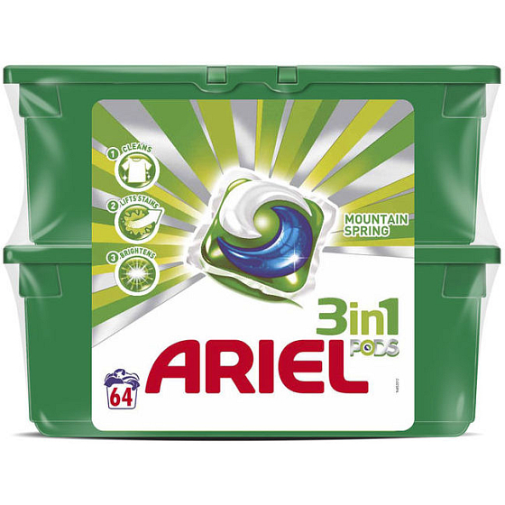 Ariel 3v1 Mountain Spring gelové kapsle na praní prádla 2 x 32 kusů