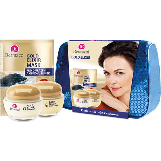 Dermacol Gold Elixir Omlazující kaviárový denní krém 50 ml + noční krém 50 ml + pleťová maska s výtažkem z kaviáru 16 ml + taštička 1 kus, kosmetická sada