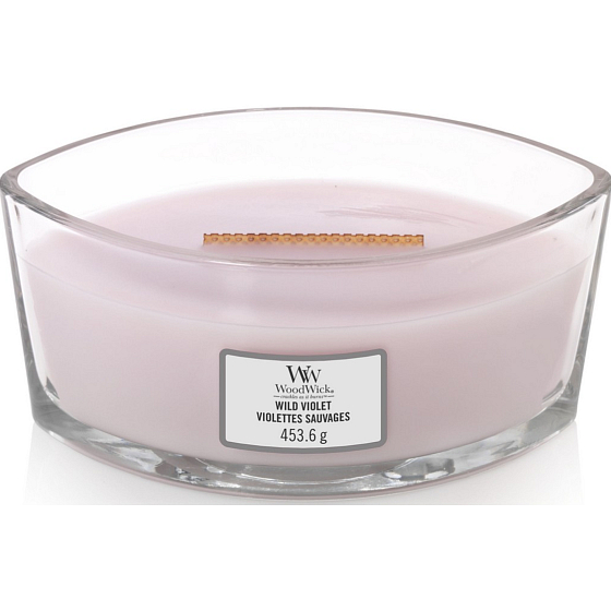 WoodWick Wild Violet - Divoká fialka vonná svíčka s dřevěným širokým knotem a víčkem loď 453 g