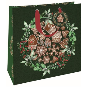 Nekupto Dárková papírová taška 32,5 x 32,5 x 14 cm Vánoční perníčky zelená