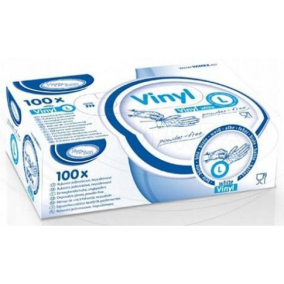 Wimex Rukavice hygienické jednorázové vinylové nepudrované bílé, velikost L, box 100 kusů