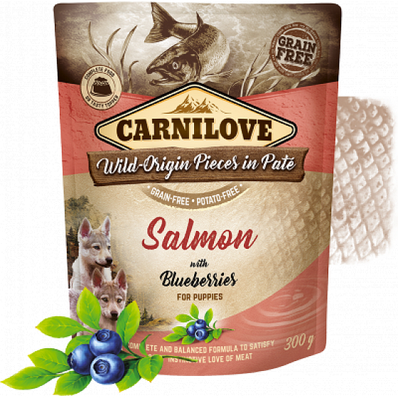 Carnilove Dog Pouch Paté Losos s borůvkami bezobilné kapsičky pro štěňata 300 g