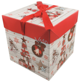 Dárková krabička skládací s mašlí Vánoční s dárky a ozdobami 10,5 x 10,5 x 10,5 cm