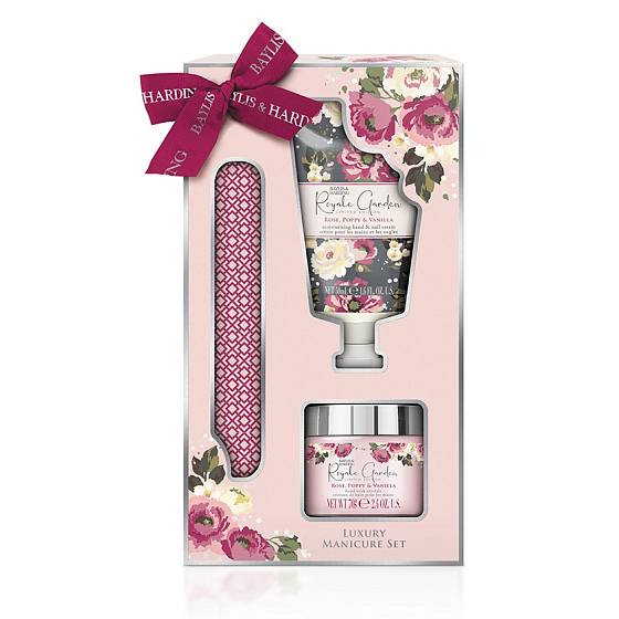 Baylis & Harding Růže, Vlčí mák a Vanilka sůl na ruce 70 g + krém na ruce a nehty 50 ml + pilník na nehty, kosmetická sada pro ženy