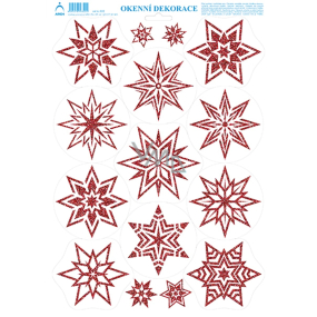 Arch Vánoční samolepka, okenní fólie bez lepidla Hvězdy červené s glitry 35 x 25 cm