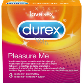 Durex Pleasure Me kondom s vroubky a výstupky pro stimulaci obou partnerů nominální šířka: 56 mm 3 kusy