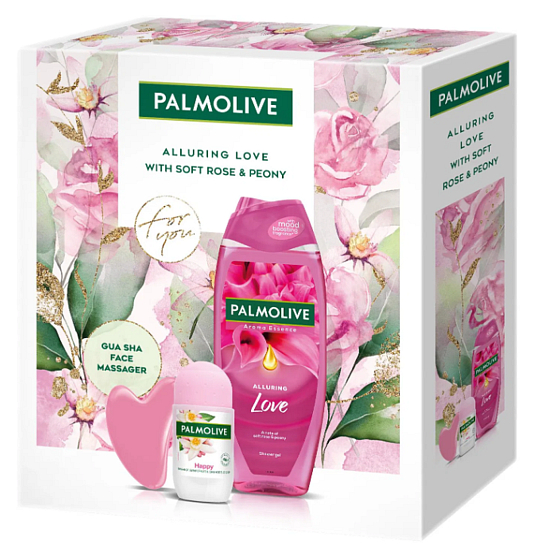 Palmolive Alluring Love Soft Rose & Peony sprchový gel 500 ml + Happy roll-on antiperspirant 50 ml + masážní pomůcka Gua sha na obličej, kosmetická sada pro ženy