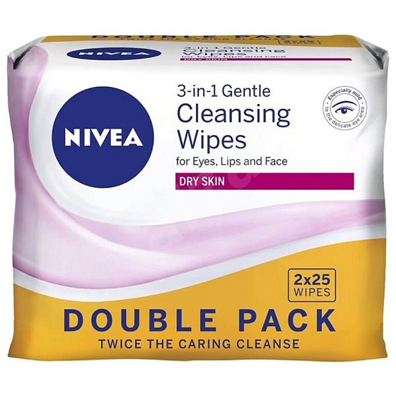 Nivea 3v1 Zklidňující jemné čisticí pleťové ubrousky suchá a citlivá pleť Duo 2 x 25 kusů