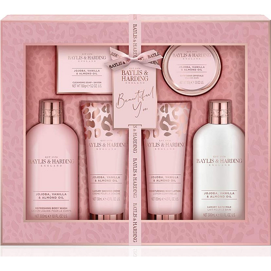 Baylis & Harding Jojoba, Vanilka a Mandlový olej mycí gel 300 ml + koupelové mléko 300 ml + toaletní mýdlo 150 g + sprchový krém 130 ml + tělové mléko 130 ml + sůl do koupele 100 g, kosmetická sada