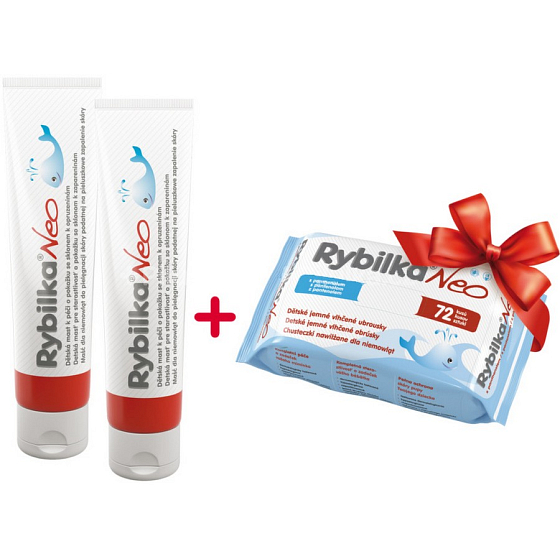 Herbacos Rybilka Neo mast k péči o pokožku se sklonem k opruzeninám 2 x 100 ml + jemné vlhčené ubrousky pro děti 72 kusů, kosmetická sada
