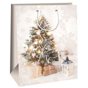 Ditipo Dárková papírová taška 32,4 x 10,2 x 44,5 cm béžová Vánoční stromek, krajka