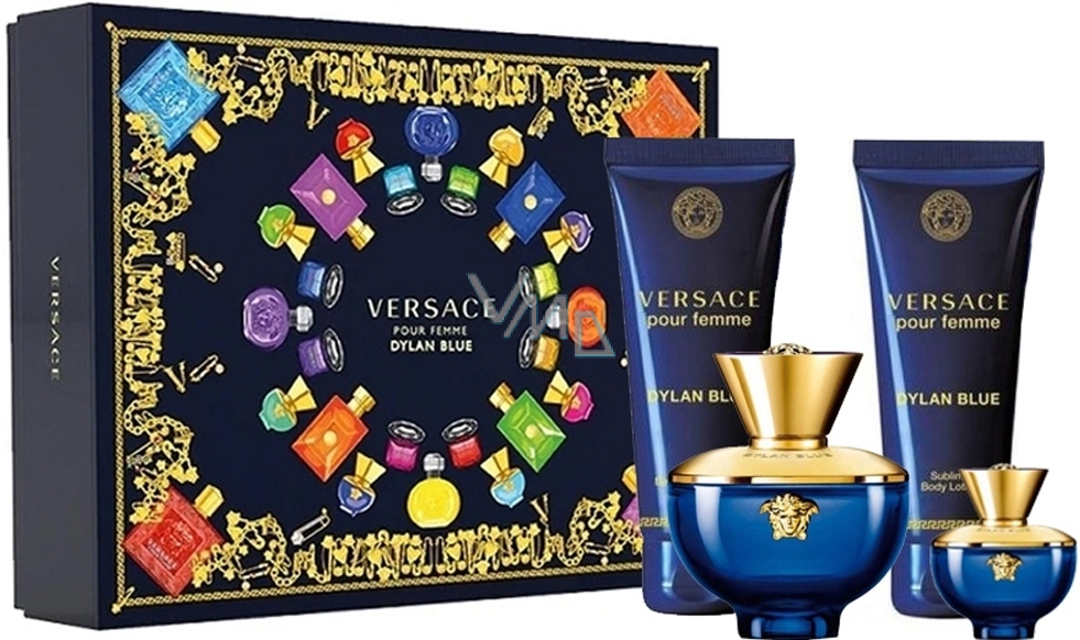 Versace Dylan Blue pour Femme eau de parfum for women 100 ml + body lotion  100 ml + shower gel 100 ml + eau de parfum 5 ml, gift set for women