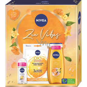 Nivea Zen Vibes Q10 Energy textilní pleťová maska 1 kus + Zen Vibes sprchový gel 250 ml + Zen Vibes kuličkový antiperspirant roll-on 50 ml, kosmetická sada pro ženy