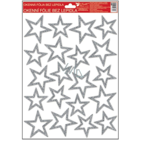 Okenní fólie bez lepidla s glitrem stříbrné hvězdy 33,5 x 26 cm