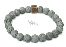 Láva šedá postříbřená s královskou mantrou Óm, náramek elastický přírodní kámen, kulička 8 mm / 16 - 17 cm, zrozen ze čtyř živlů