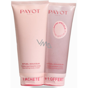 Payot Rituel Douceur Creme Nourrissante vyživující a rozjasňující tělový krém s růženínem 200 ml + Granité Exfoliante Corps dvojitý tělový peeling s růženínem 200 ml, Promo duo set 2023