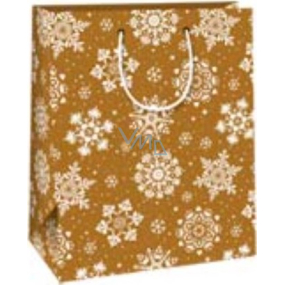 Ditipo Dárková papírová taška 26,4 x 13,6 x 32,7 cm Vánoční zlatá - bílé vločky