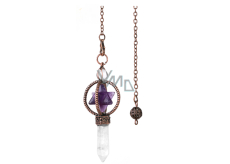 Ametyst Merkaba kyvadlo + čirý křemen + bronz, přívěsek z přírodního kamene 7,7 cm, řetízek cca 26,5 cm