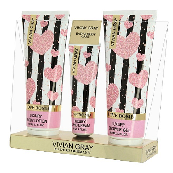 Vivian Gray Love Bomb tělové mléko 100 ml + sprchový gel 100 ml + krém na ruce 30 ml, kosmetická sada