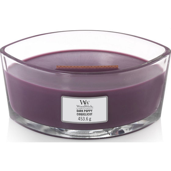 WoodWick Dark Poppy - Vlčí mák vonná svíčka s dřevěným širokým knotem a víčkem sklo loď 453 g