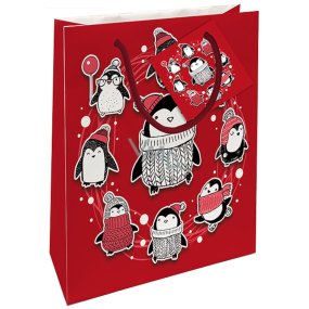 Nekupto Dárková papírová taška 14 x 11 x 6,5 cm Vánoční červená tučňáci
