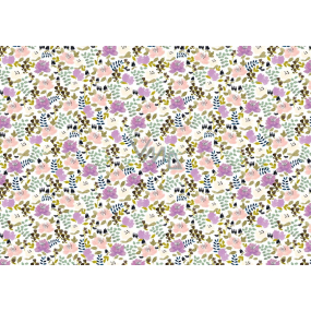 Ditipo Dárkový balicí papír 70 x 100 cm Bílý s barevnými květy a zelenými lístky 2 archy