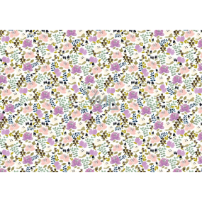 Ditipo Dárkový balicí papír 70 x 100 cm Bílý s barevnými květy a zelenými lístky 2 archy