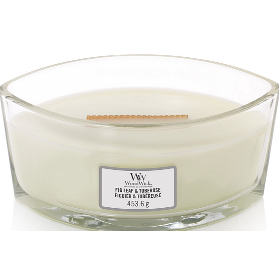WoodWick Fig Leaf & Tuberose - Fíkový list a tuberóza vonná svíčka s dřevěným širokým knotem a víčkem loď 453 g