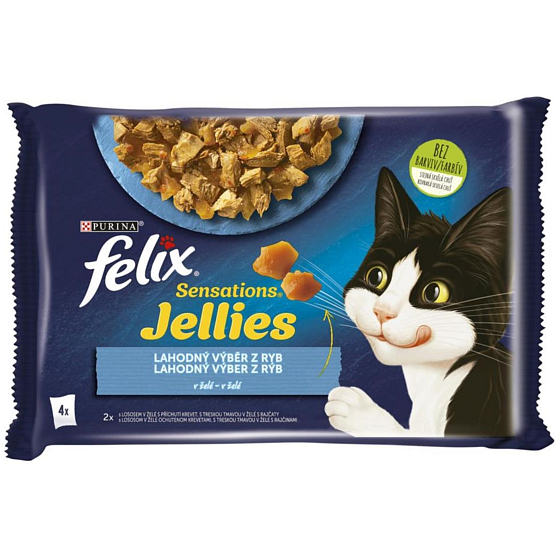 Felix Sensations Jellies Multipack losos a treska v ochuceném želé, kompletní krmivo pro dospělé kočky 4 x 85 g