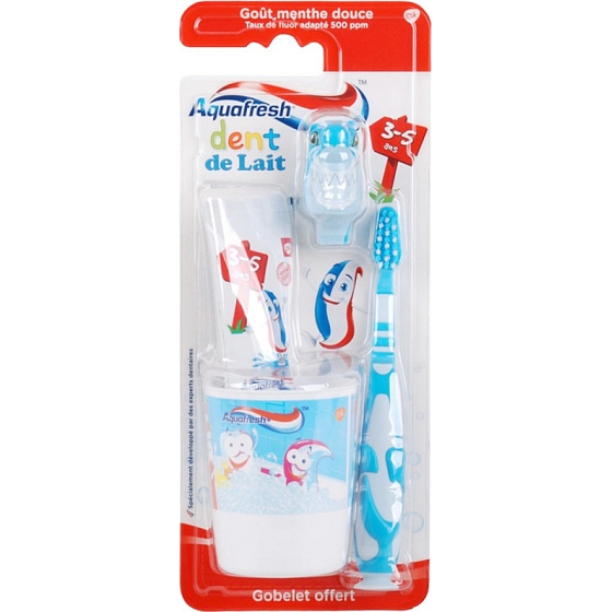 Aquafresh Dent de Lait zubní pasta 50 ml + kartáček + kelímek, modrý set pro děti