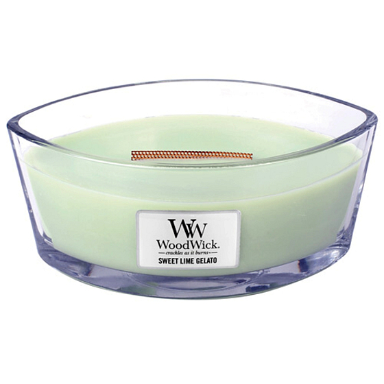 WoodWick Sweet Lime Gelato - Sladká zmrzlina vonná svíčka s dřevěným širokým knotem a víčkem sklo loď 453 g