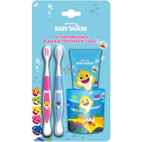 Pinkfong Baby Shark zubní kartáček 2 kusy + zubní pasta 75 ml + kelímek na zubní kartáček, kosmetická sada pro děti