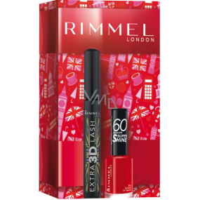 Rimmel London Extra 3D Lash řasenka 003 Extreme Black 8 ml + 60 Seconds Super Shine Nail Polish lak na nehty 315 Queen Of Tarts 8 ml, kosmetická sada pro ženy