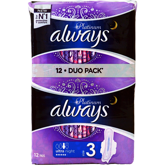 Always Platinum Ultra Night hygienické vložky s křidélky 2 x 6 kusů