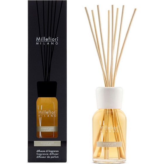 Millefiori Milano Natural Mineral Gold - Minerální zlato Difuzér 250 ml + 8 stébel v délce 30 cm do středně velkých prostor vydrží minimálně 3 měsíce