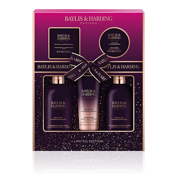 Baylis & Harding Fík a Granátové jablko mycí gel 300 ml + sprchový krém 300 ml + mléko na ruce a tělo 130 ml + toaletní mýdlo 150 g + tělové máslo 100 ml, kosmetická sada pro ženy