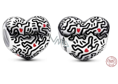 Charm Sterlingové stříbro 925 Keith Haring srdce Umění linek a lidé, korálek na náramek symbol