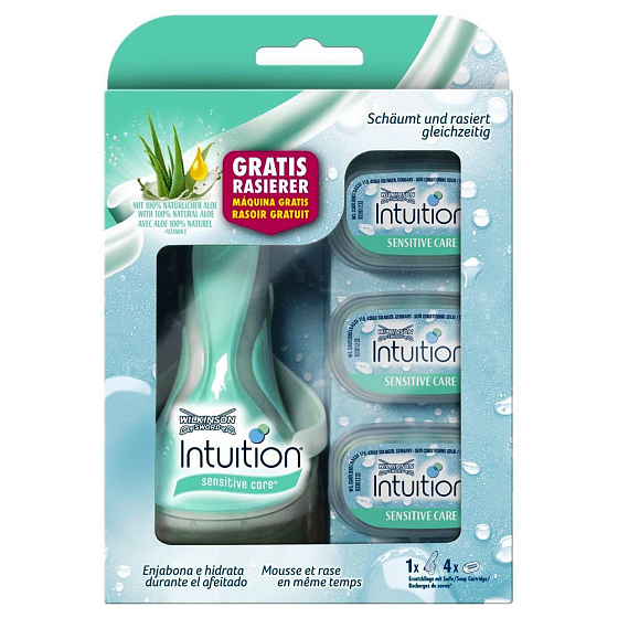 Wilkinson Intuition Naturals Sensitive Care 4 břitý holicí strojek pro ženy + náhradní hlavice 4 kusy, kosmetická sada