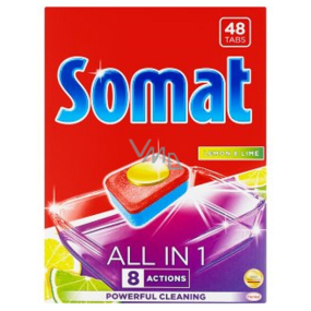 Somat All in 1 Lemon & Lime tablety do myčky obohacené o sílu kyseliny citronové a pomáhají odstranit těžce odolnou špínu 48 kusů