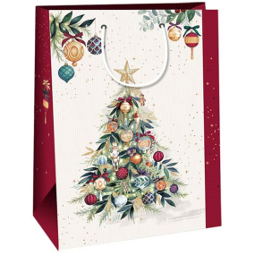 Ditipo Dárková kraftová taška 27 x 12 x 37 cm Vánoční béžová, vánoční stromeček nazdobený
