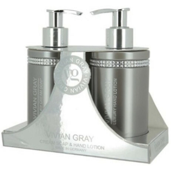 Vivian Gray Crystals Grey luxusní tekuté mýdlo s dávkovačem 250 ml + luxusní mléko na ruce s dávkovačem 250 ml, kosmetická sada
