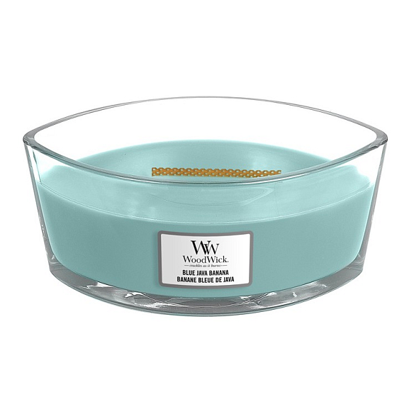 WoodWick Blue Java Banana - Havajský banán vonná svíčka s dřevěným širokým knotem a víčkem loď 453 g