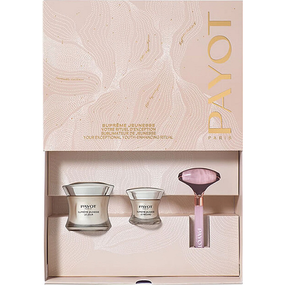 Payot Supreme Jeunesse Le Jour denní krém s omlazujícím účinkem 50 ml + Supreme Jeunesse Regard protivráskový krém na oční okolí 15 ml + masážní váleček na obličej, kosmetická sada pro ženy