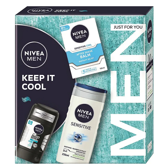 Nivea Men Keep it Cool Sensitive balzám po holení 100 ml + Nivea Invisible Black & White Fresh antiperspirant tuhý stick 50 ml + Nivea Men Sensitive sprchový gel 250 ml, kosmetická sada pro muže