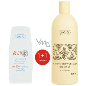 Ziaja Sun SPF 50+ antioxidační krém s vitamínem C 50 ml + Arganový olej krémové sprchové mýdlo 500 ml, duopack