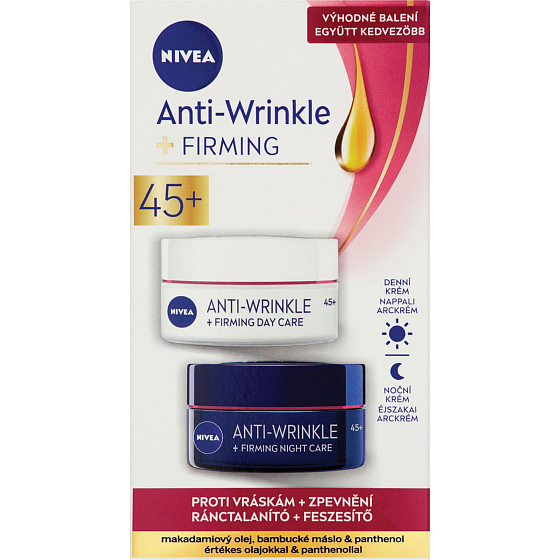 Nivea Anti-Wrinkle + Firming 45+ zpevňující denní krém proti vráskám 50 ml + zpevňující noční krém proti vráskám 50 ml, duopack