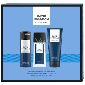 David Beckham Classic Blue parfémovaný deodorant sklo 75 ml + sprchový gel 200 ml + deodorant sprej 150 ml, kosmetická sada pro muže